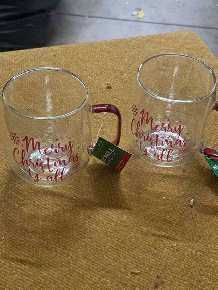TWO GLASS MERRY CHRISTMAS YOU ALL GLASS MUGS.  NEW image