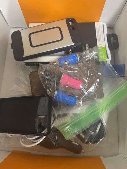 BOX OF ASSORTED PHONE CASES AND CHARGERS image