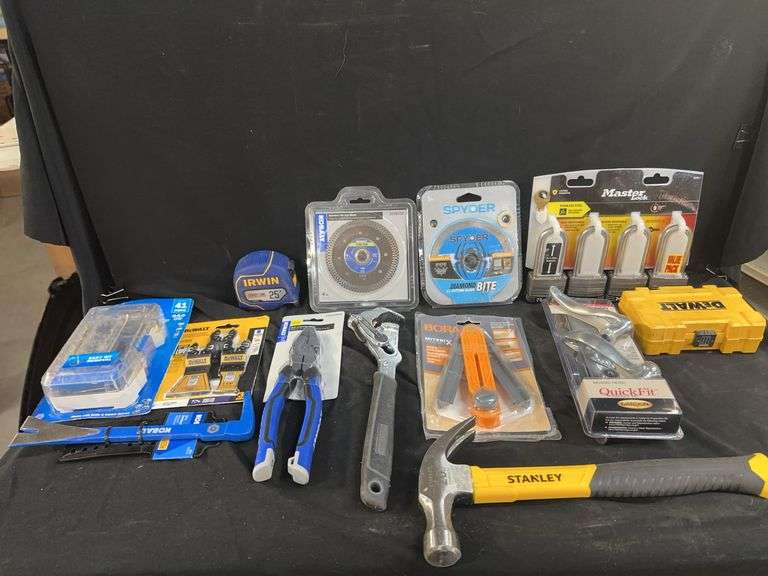 Assorted Tools: Kobalt, Dewalt, Spyder, Irwin, Stanley, Master Lock, and Larson