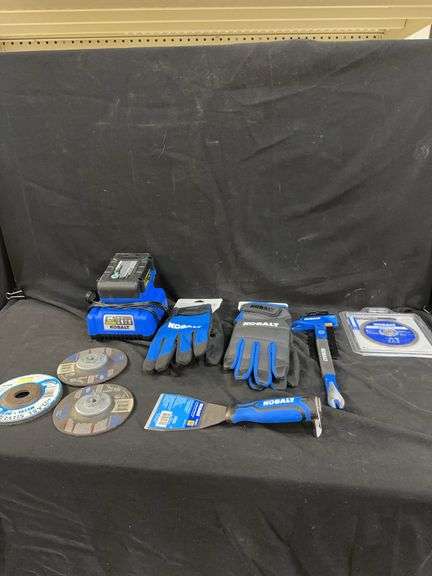 Kobalt Tools, Gloves, Blades, Scraper, and Battery Charger