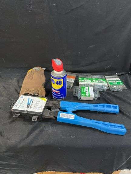 SharkBite PEX Crimp Tool Kit, WD-40, Screws, and Gloves