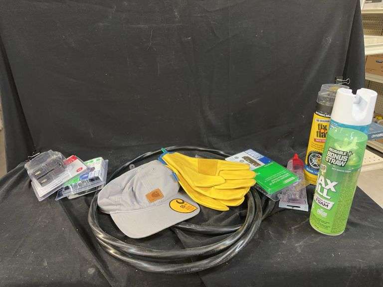 Assorted Electrical and Hardware Items with Carhartt Hat and Gloves