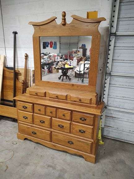 OAK 10 DRAWER DRESSER WITH MIRROR - 58X18X87 TO TOP OF MIRROR image