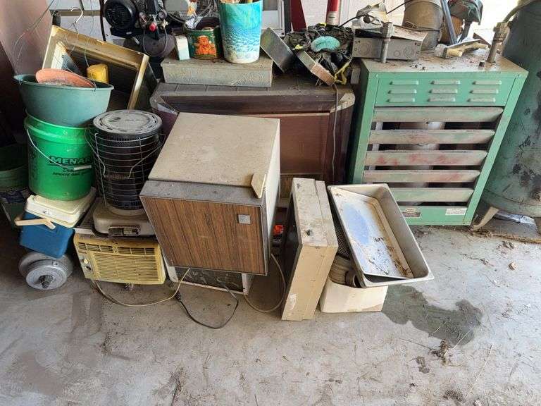 Assorted Appliances, Heater, Coolers, Buckets and Metal Rack