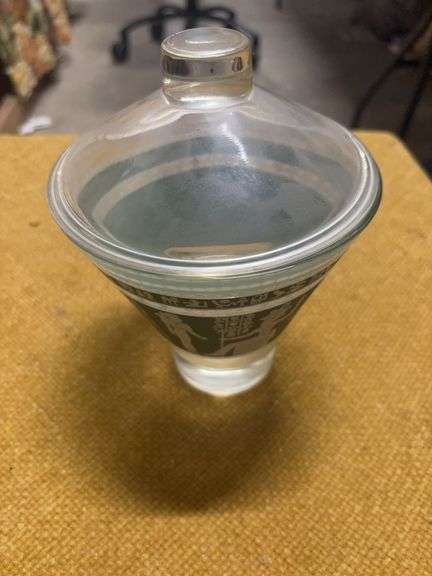 VINTAGE HAZEL ATLAS CANDY DISH WITH LID.  KNOWN AS THE WEDGWOOD EGYPTIAN DESIGN image