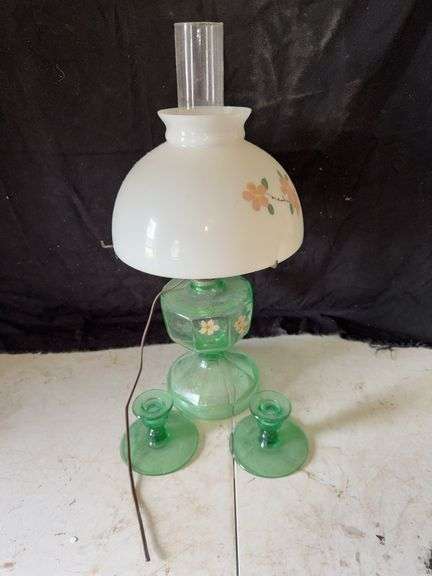 Green Depression Glass Lamp with Two Candle Holders