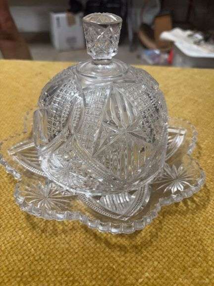 ANTIQUE EARLY AMERICAN PRESSED GLASS BUTTER DISH WITH DOME LID image