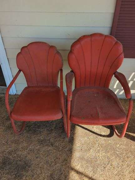 Set of Two Red Metal Shell Back Chairs