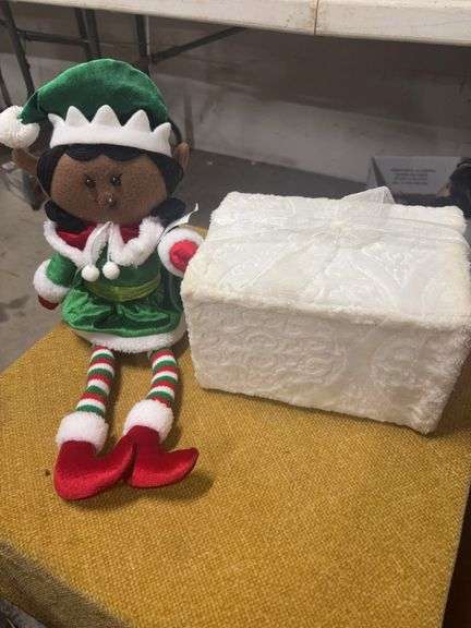 STUFFED CHRISTMAS ELF AND WHITE CHRISTMAS PRESENT BOX image