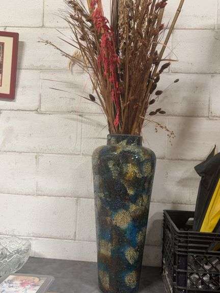 LARGE BLUE CRACKLE VASE WITH FLOWERS image