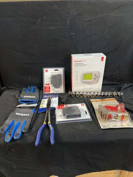 Assorted Tools and Hardware: Gloves, Ratchet Straps, Thermostat