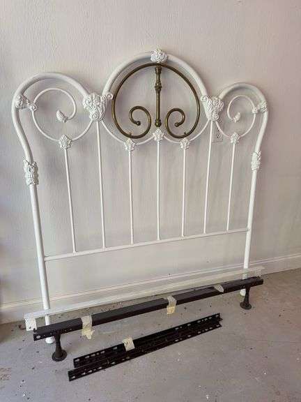White Metal Headboard with Brass Accents and Frame image