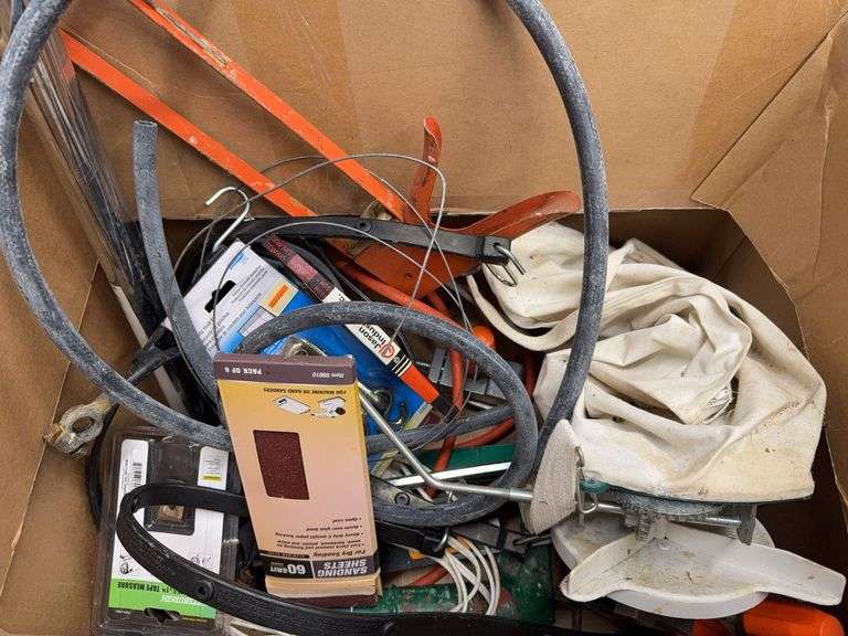 Assorted Tool Lot Including Sanding Disc, Straps, Sanding Sheets, and Tape Measure image