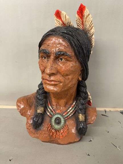 Native American Bust Statue with Feathers and Necklace image