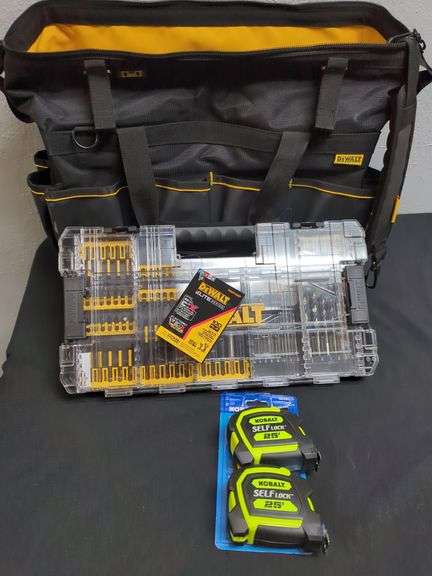 DEWALT TOOL BAG WITH TAPE MEASURES AND 100 ELITE SERIES DRILL BIT SET image