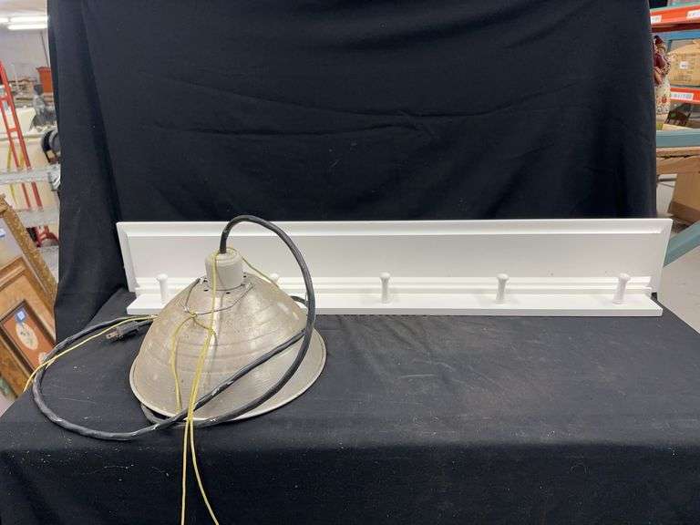 Metal Shop Light, White Peg Shelf, and Metal Coffee Sign image