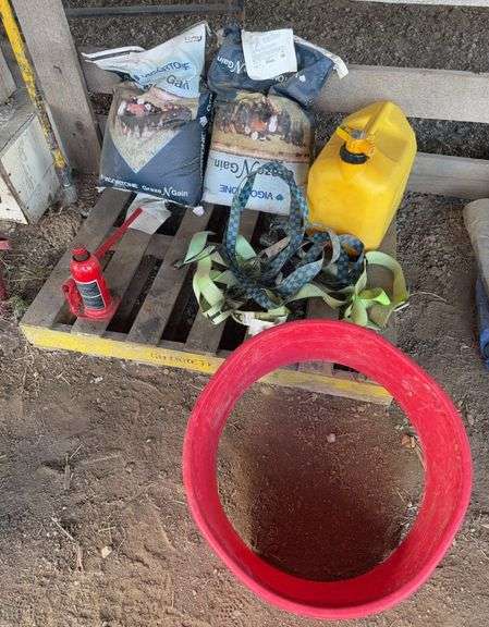 Assorted Farm and Garage Items: Grain Bags, Jack, Straps, and Gas Can image