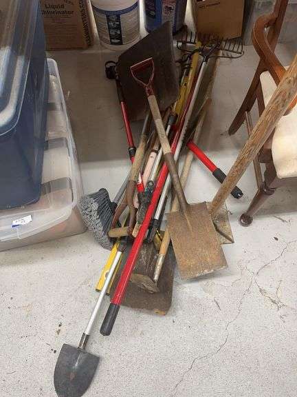 Collection of Assorted Shovels, Rakes, Brooms, and Other Garden/Yard Tools image