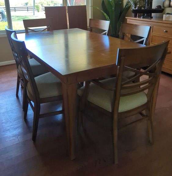 Ethan Allen Wood Dining Table & 6 Chairs & 2 Leaves image