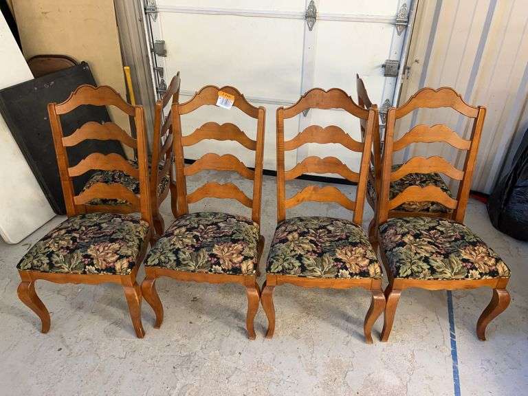 Six Wooden Ladder Back Dining Chairs with Floral Upholstery image