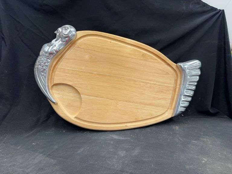 Fish Shaped Wooden Cutting Board with Metal Accents image