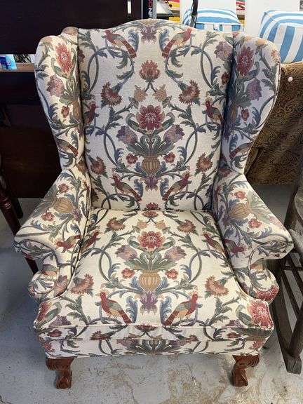 Upholstered Wingback Chair with Floral and Bird Pattern image