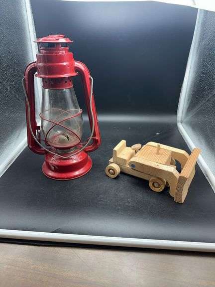 Red World Light MFY Lantern and Wooden Toy Construction Vehicle image