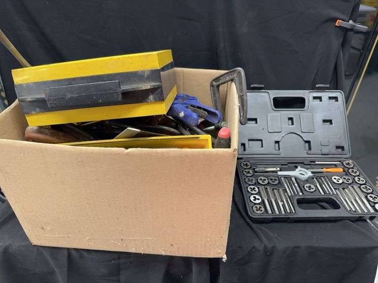 Assorted Tools Including Tap and Die Set and Clamps image