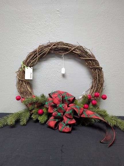 GRAPE VINE WREATH WITH RED AND GREEN PLAID BOW AND BIG RED BERRYS image