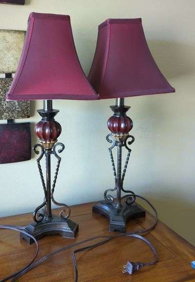 Pair of Decorative Table Lamps with Burgundy Shades image