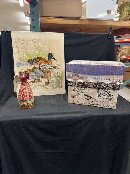 Jim Shore Angel Figurine, Framed Duck Tapestry, Singer Sewing Machine in Decorative Boxes image
