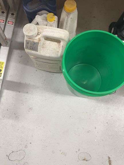 Shell Rotella T6 Motor Oil, Amine Weed Killer, and Plastic Bucket image