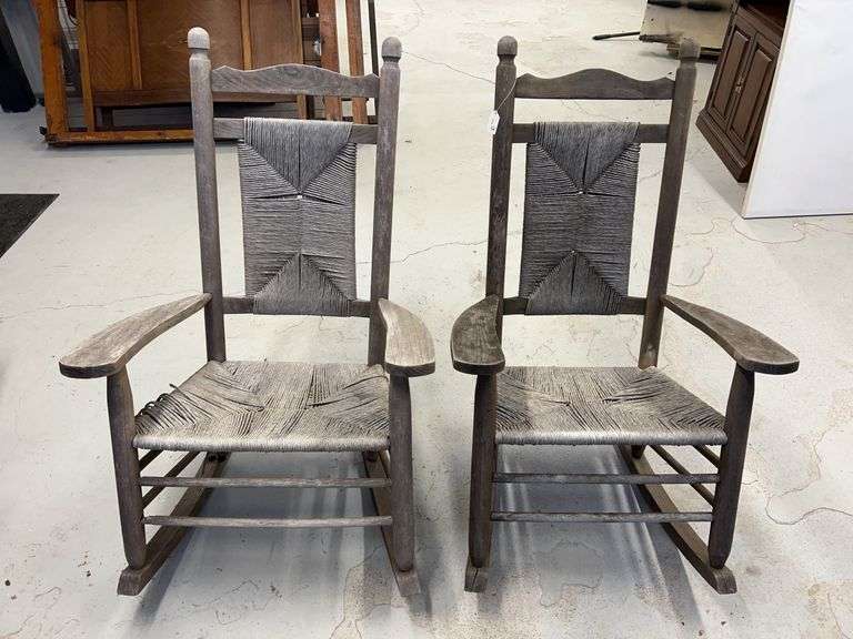 Pair of Wood Rocking Chairs with Woven Seats and Backs image