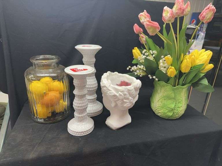 Assorted Decorative Items: Candlesticks, Head Vase, and More image