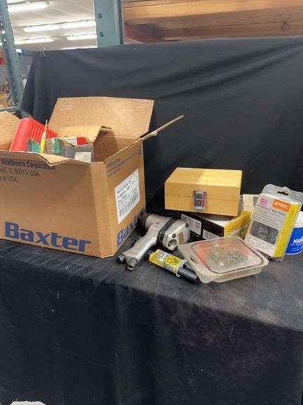 Assorted Tools Including Air Impact Wrench, Router Bit Set, Stihl Saw Chain, and Fasteners image