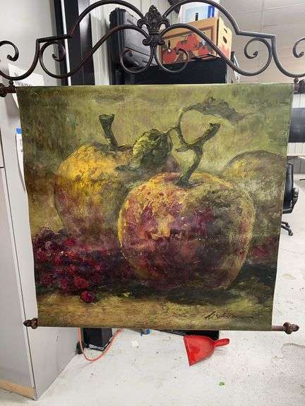 Ornate Metal Framed Canvas Painting of Apples and Grapes image