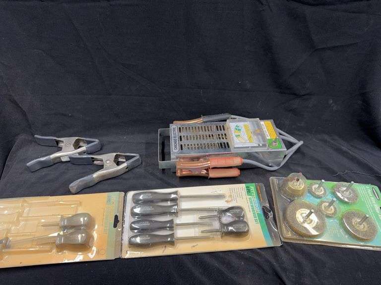 Pittsburgh Screwdriver Sets, Wire Wheel Cup Brush Set, Clamps, and Chicago Electric Battery Tester image
