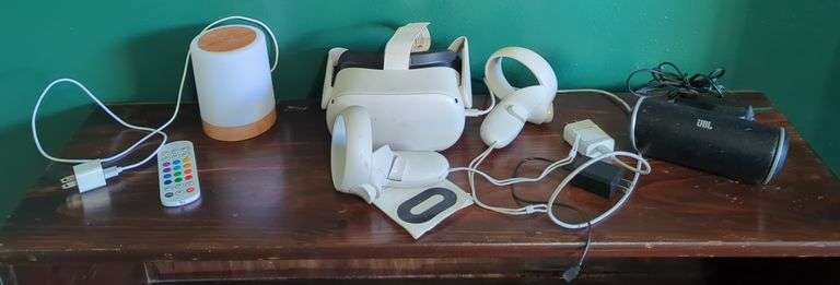 Oculus VR Headset, JBL Speaker, and Color Changing Lamp image