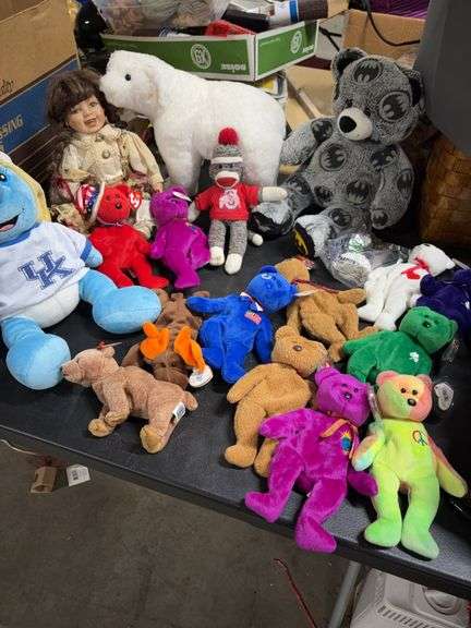 STUFFED ANIMALS- SMURF- TY BABIES- PORCELAIN DOLL- SOCK MONKEY- ETC.- image