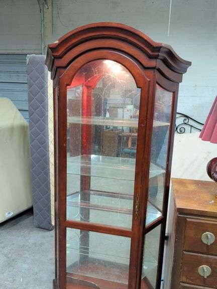 LIGHTED CHERRY CURIO CABINET 5 SHELF - BOTTOM LEFT CORNER OF BACK MIRROR IS BROKEN 38X13X78 image