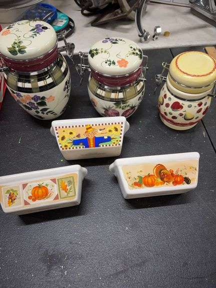 3- CERAMIC- FRUIT DESIGN- CANISTERS- 3- AUTUMN THEMED- MINI LOAF BAKING DISHES- image
