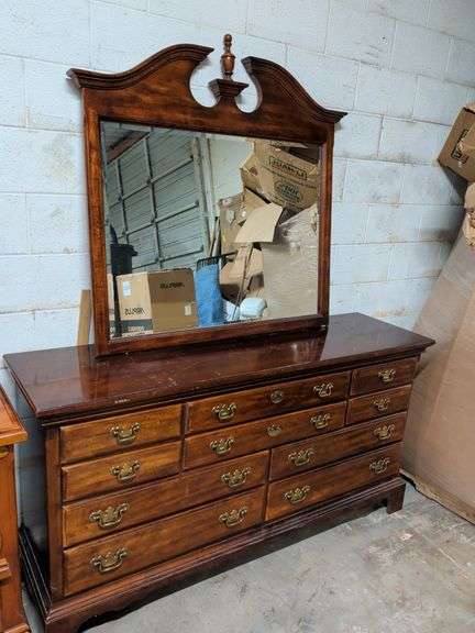 10 DRAWER CHERRY DRESSER WITH MIRROR 68X19X85 HAS SOME MINOR SCRATCHES image