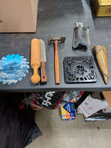 VINTAGE MEAT TENDERIZER - KNIFE - DOUGH PIN - PAINTED SAW BLADE AND ETC image