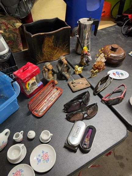 SUNGLASSES- MONKEY FIGURES MINIATURE TEA SET- CLIPPER LIGHTER- WOOD PENS- STORAGE BOX- WOODEN BOWL WITH LID- BIALETTI STOVE  TOP EXPRESSO POT- image