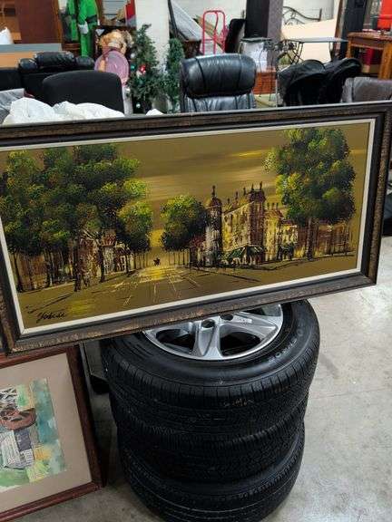 SIGNED YOSISA CITY SCAPES OIL PAINTING ON BOARD 44X22 image