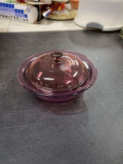CORNING VISION- CRANBERRY COLORED- ROUND- CASSEROLE DISH WITH LID- image