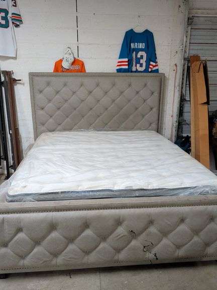 ASHLEY CALIFORNIA KING SIZE BED WITH BEAUTY REST MATTRESS - HEADBOARD AND FOOTBOARD WITH RAILS BOX SPRING AND MATTRESS WILL BE GIVEN TO BUYER IF WANTED HAS STAIN ON FOOTBOARD image