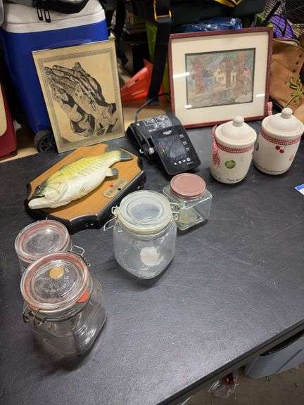 STORAGE JARS WITH CLAMP LIDS- EQUATE BLOOD PRESSURE MONITOR- YANKEE CANDLE CERAMIC JARS- PICTURES- TALKING BASS MOUNT- image