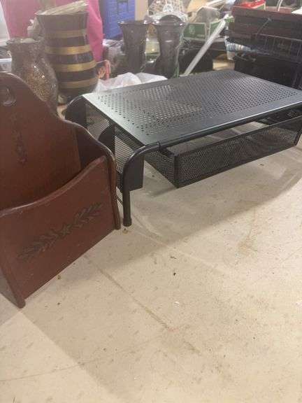 METAL DESK- MONITOR STAND RISER- WITH AN ORGANIZER DRAWER- VINTAGE WOOD WALL BOX- LIKELY USED FOR MAIL OR RECIPES- image