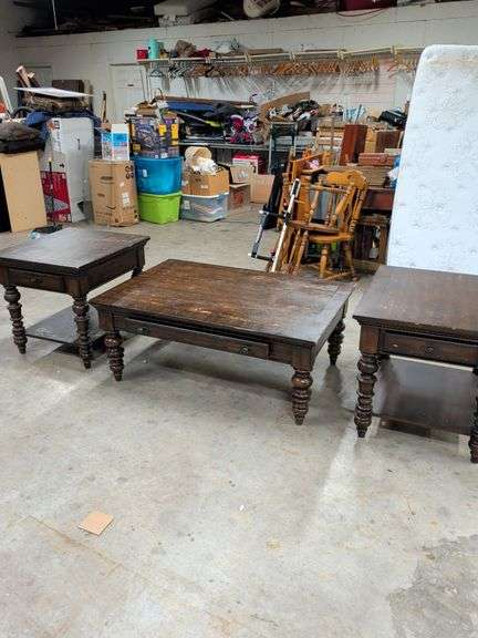 KLAUSSNER COFFEE TABLE WITH 2 MATCHING END TABLES HEAVY MADE HAS SOME FINISH SCUFFS image